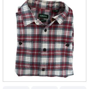 Orvis Men's classic fit red plaid flannel button down Shirt size M